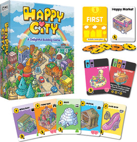 Happy City board game by Gamewright, featuring a colorful box cover and game components. The cover displays a vibrant city scene with buildings, roads, and a rainbow. Included are assorted game cards, tokens, and the 'Happy Market' card, showcasing various structures like a park, museum, and ice cream shop. Perfect for family game nights and fostering creativity.