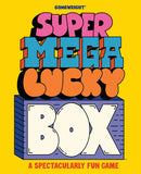 The Super Mega Lucky Box is a vibrant and colorful game package produced by Gamewright. The bright yellow background features playful, bold text proclaiming the product's name and a tagline highlighting it as a 'spectacularly fun game'.