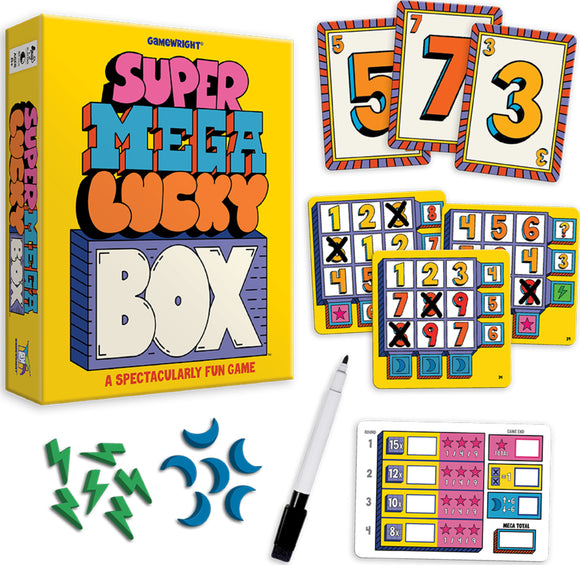 The Super Mega Lucky Box game by Gamewright features a bright yellow packaging with playful typography. The image showcases game components including numbered cards, scoreboards, markers, and scoring tokens, designed for fun and engaging gameplay.