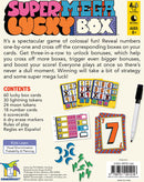 Super Mega Lucky Box game by Gamewright featuring colorful packaging and game contents. Includes 60 lucky box cards, lightning and moon tokens, scoring boards, and dry erase markers. A fun, engaging game suitable for 1 to 6 players, designed to enhance strategy and visual discrimination skills. Perfect for family game night or gatherings.