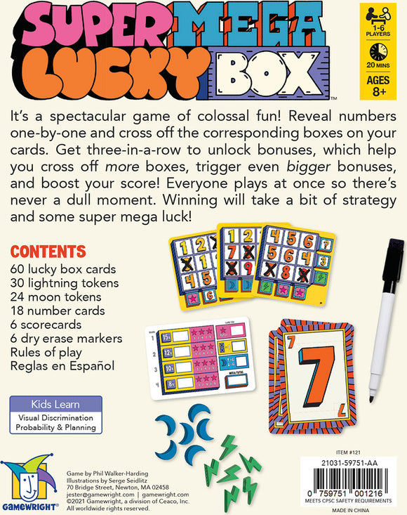 Super Mega Lucky Box game by Gamewright featuring colorful packaging and game contents. Includes 60 lucky box cards, lightning and moon tokens, scoring boards, and dry erase markers. A fun, engaging game suitable for 1 to 6 players, designed to enhance strategy and visual discrimination skills. Perfect for family game night or gatherings.