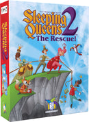 The box of the game 'Sleeping Queens 2 the Rescue' by Gamewright features colorful illustrations of knights and queens in a whimsical kingdom. The scene depicts characters in action, including a fox and various royalty, all engaged in a rescue mission. The game's title is prominently displayed at the top in bold, playful typography. The packaging showcases vibrant colors and engaging artwork, indicating it is suitable for 2 to 5 players aged 8 and up.