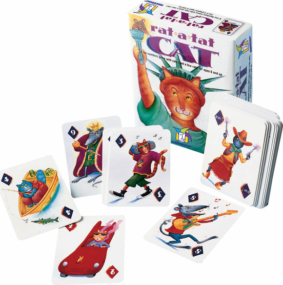 The game Rat-a-Tat Cat by Gamewright features a colorful box displaying an animated cat holding the Statue of Liberty. Surrounding the box are various game cards showing anthropomorphized cats and other animals engaged in playful activities, illustrating bright and whimsical illustrations that appeal to children and families.