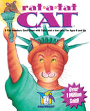 Cover of the 'Rat-a-Tat Cat' card game by Gamewright featuring a cartoon cat dressed as the Statue of Liberty, holding a torch with a rat inside it. The game promotes fun number play for ages 6 and up, with a tagline indicating over 1 million copies sold.