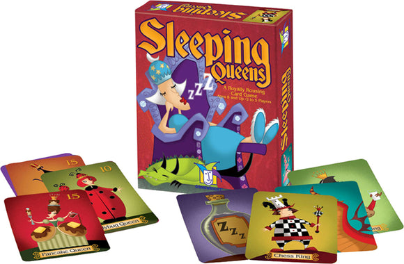 A colorful card game box titled 'Sleeping Queens' by Gamewright, featuring a whimsical design. The box shows a sleeping queen character, while several game cards depicting different queens and characters, such as the Pancake Queen and the Ladybug Queen, are spread out beside it. The game is designed for ages 8 and up, accommodating 2 to 5 players.