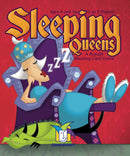 The box cover of 'Sleeping Queens', a card game by Gamewright. The illustration features a queen sleeping in a regal chair, surrounded by whimsical design elements. The vibrant red background enhances the playful theme. Suitable for ages 8 and up, accommodating 2 to 5 players, this game invites fun and strategic play.