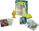 Zeus on the Loose game by Gamewright features a colorful box with vibrant artwork. The game includes a yellow Zeus figurine, various player cards showing Greek gods like Hera and Poseidon, and a deck of action cards. Ideal for family game nights or gatherings for ages 8 and up, accommodating 2-5 players.