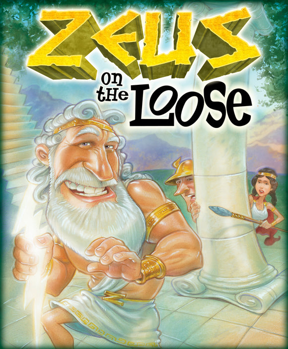 Zeus on the Loose game by Gamewright featuring a cartoon depiction of Zeus brandishing a lightning bolt, surrounded by two characters peeking from behind a pillar. The vibrant artwork captures the playful nature of this family-friendly card game, designed for 2-4 players ages 8 and up.