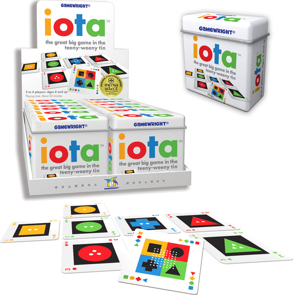 IOTA game by Gamewright, featuring a compact tin design. The package displays vibrant colors and playful graphics. Cards shown have geometric shapes and colors, ideal for 2 to 4 players aged 8 and up. The game promotes strategic thinking and fun interactions over approximately 30 minutes.