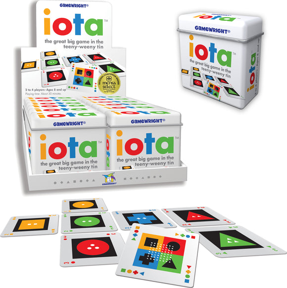 The IOTA game by Gamewright, displayed in a colorful tin container with vibrant designs. The game features various cards laid out, showcasing different shapes and colors. It is designed for 2 to 4 players and suitable for ages 8 and up, with a playtime of about 30 minutes.
