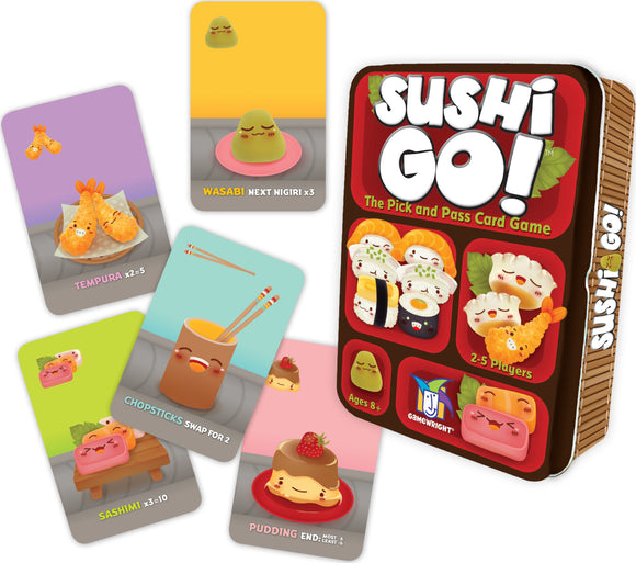Sushi Go! is a vibrant card game by Gamewright featuring colorful sushi cards like Tempura, Wasabi, and Sashimi. The game box displays playful characters and is suitable for 2-5 players aged 8 and up. Cards showcase various sushi dishes and game mechanics like swap and score.