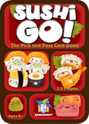 Sushi Go! is a vibrant card game featuring adorable sushi characters. The box showcases various sushi types like nigiri, maki rolls, and dumplings, with playful expressions. It's designed for 2-5 players and is suitable for ages 8 and up, emphasizing a fun pick-and-pass gameplay.