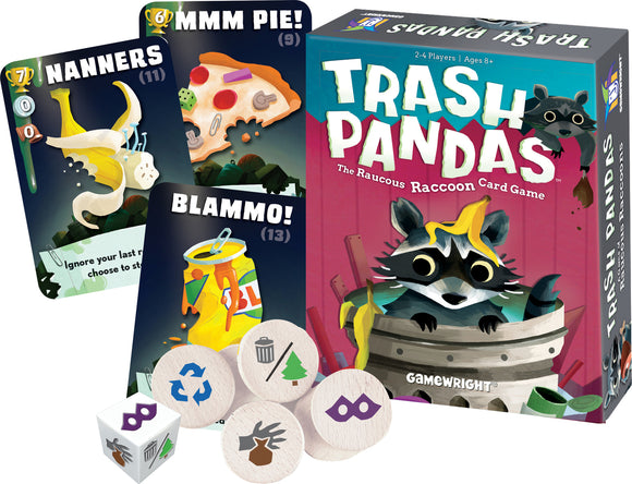 The game 'Trash Pandas' by Gamewright features a colorful box depicting raccoons and includes game cards with fun illustrations like a pizza slice, a banana peel, and a soda can. The set also contains tokens and dice for gameplay. Suitable for 2-4 players aged 8 and up.