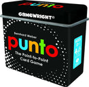 PUNTO card game by Gamewright, featuring colorful text on a black box. The title 'Punto' is prominent, with the subtitle 'The Point-to-Point Card Game.' Suitable for ages 8 and up, the game accommodates 2-4 players and promises 20+ minutes of strategic fun.