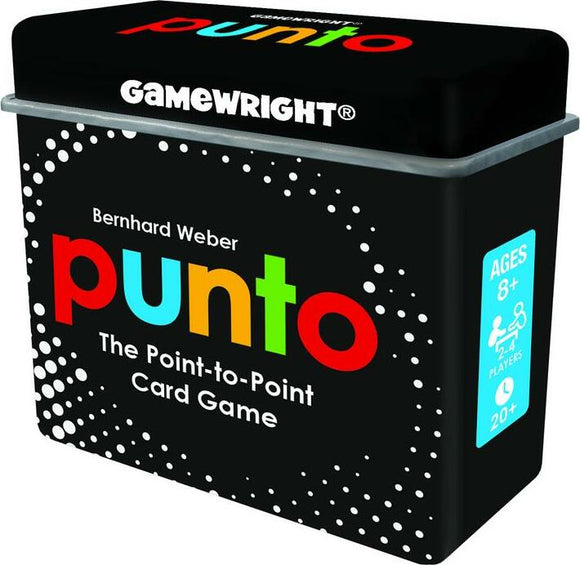 PUNTO card game by Gamewright, featuring colorful text on a black box. The title 'Punto' is prominent, with the subtitle 'The Point-to-Point Card Game.' Suitable for ages 8 and up, the game accommodates 2-4 players and promises 20+ minutes of strategic fun.