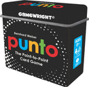PUNTO card game by Gamewright, designed by Bernhard Weber. The packaging features a bold black background with vibrant colors for the title 'punto'. The words 'The Point-to-Point Card Game' and age recommendations are clearly displayed, making it an appealing choice for family game nights. Suitable for ages 8 and up, and for 2-4 players, this game promises interactive fun and strategy.