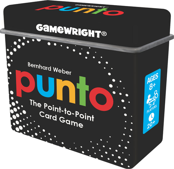 PUNTO card game by Gamewright, designed by Bernhard Weber. The packaging features a bold black background with vibrant colors for the title 'punto'. The words 'The Point-to-Point Card Game' and age recommendations are clearly displayed, making it an appealing choice for family game nights. Suitable for ages 8 and up, and for 2-4 players, this game promises interactive fun and strategy.