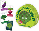 The game box for 'Abandon All Artichokes', featuring a whimsical green artichoke character with a surprised expression. Surrounding the box are colorful cards depicting various vegetables like eggplant, beet, broccoli, and artichoke, showcasing the game's heartless card mechanics. The box is vibrantly designed with bold text and the Gamewright logo is prominently displayed.