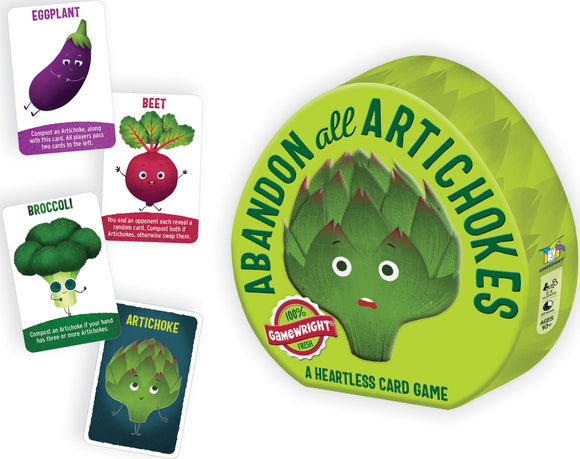 The game box for 'Abandon All Artichokes', featuring a whimsical green artichoke character with a surprised expression. Surrounding the box are colorful cards depicting various vegetables like eggplant, beet, broccoli, and artichoke, showcasing the game's heartless card mechanics. The box is vibrantly designed with bold text and the Gamewright logo is prominently displayed.