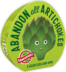 Abandon All Artichokes game by Gamewright shows a playful artichoke character with a surprised expression on a vibrant green package. It promotes a fun, heartless card game experience for ages 10 and up, ideal for family game nights.