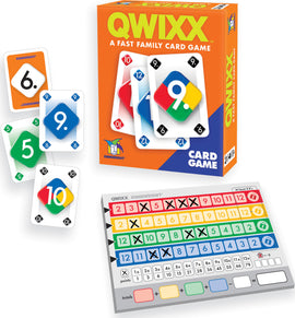 Qwixx: The Card Game from Gamewright, featuring colorful number cards with values from 5 to 12. The box design is bright orange with bold letters, accompanied by a score sheet displaying rows of points across various colors.