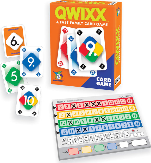 Qwixx: The Card Game from Gamewright, featuring colorful number cards with values from 5 to 12. The box design is bright orange with bold letters, accompanied by a score sheet displaying rows of points across various colors.