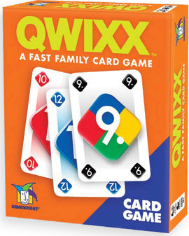 Qwixx: The Card Game by Gamewright features a vibrant orange box showcasing colorful cards with numbers. It's designed as a fast-paced family card game suitable for players of all ages. The game promotes quick thinking and strategy, making it a fun choice for game nights and gatherings.