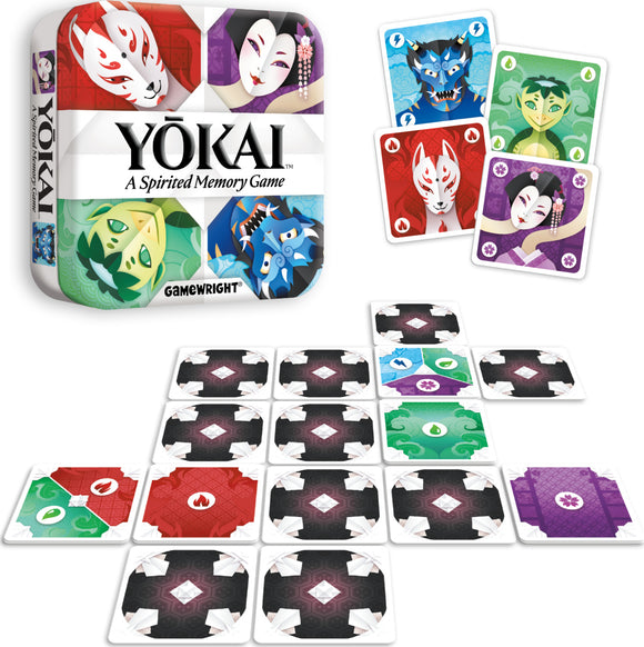 Yokai - Memory Game by Gamewright. The game features a colorful box depicting various Japanese yokai characters, with cards laid out in a grid format showcasing unique illustrations of the characters. This memory game encourages players to match identical pairs while exploring a spirited theme.