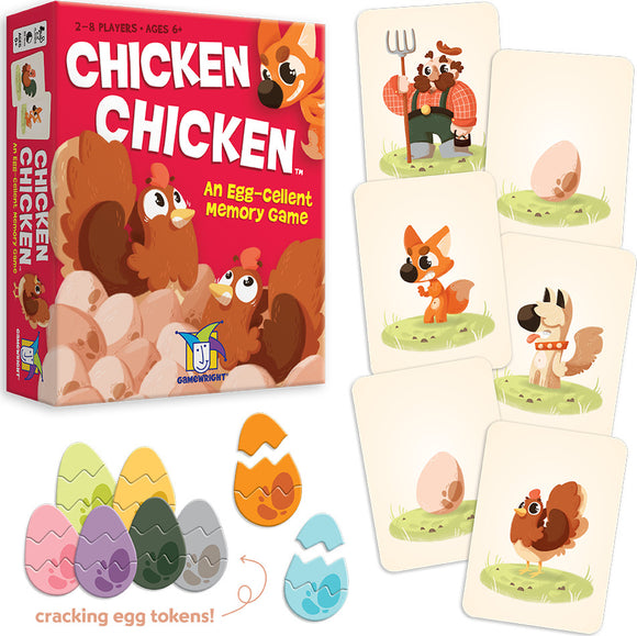 Gamewright's Chicken Chicken game includes a vibrant box featuring playful cartoon chickens and animals. The contents showcase character cards featuring various animals such as a farmer, a fox, and a hen, as well as colorful cracking egg tokens. Designed for 2-8 players aged 6 and up, this fun memory game promotes family interaction and laughter.