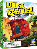 The game 'Loose Caboose' by Gamewright features a vibrant box design showcasing a whimsical red train caboose on a railroad track with playful characters. The text 'LOOSE CABOOSE! THE OFF-THE-RAILS CARD GAME' is prominently displayed alongside a warning about choking hazards for children under three years old.