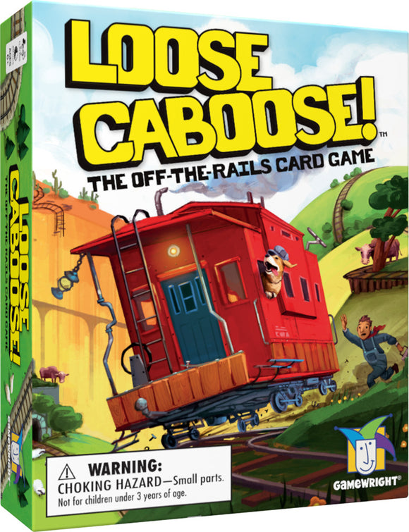 The game 'Loose Caboose' by Gamewright features a vibrant box design showcasing a whimsical red train caboose on a railroad track with playful characters. The text 'LOOSE CABOOSE! THE OFF-THE-RAILS CARD GAME' is prominently displayed alongside a warning about choking hazards for children under three years old.