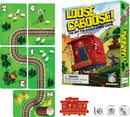 Loose Caboose card game by Gamewright featuring colorful cards depicting a train track, sheep, and a stylized red train card box. The game encourages fun and creativity as players navigate tracks and obstacles.