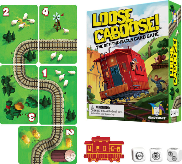 Loose Caboose card game by Gamewright featuring colorful cards depicting a train track, sheep, and a stylized red train card box. The game encourages fun and creativity as players navigate tracks and obstacles.