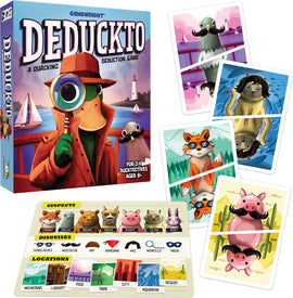 Deduckto is a fun deduction game by Gamewright, featuring playful animal characters and vibrant illustrations. The box shows a duck with a magnifying glass in a detective outfit, surrounded by various animal suspects and their disguises. Additional game cards display locations and quirky characters like a fox and a pig, making it engaging for players aged 8 and up. Suitable for 2-4 players, it promises a delightful game night filled with mystery and laughter.