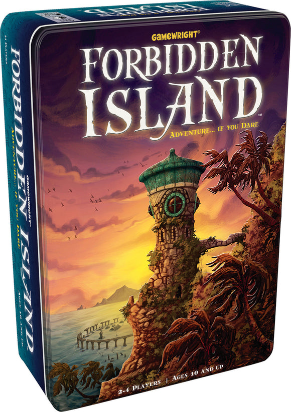 Forbidden Island board game by Gamewright featuring an adventurous design. The box showcases a scenic view of a lighthouse on an island with lush greenery and vibrant colors, suitable for 2-4 players aged 10 and up.