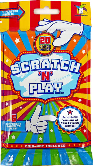 Scratch 'N' Play game package from Gamewright, featuring a vibrant design with red, blue, and yellow colors. The package displays '20 cards inside' and '5 different games to play'. Engaging scratch-off versions of popular games, ideal for families and gatherings.