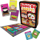 Sushi Go Party! game by Gamewright featuring colorful playing cards and a foldable game board illustrating sushi-themed characters and dishes. The box design showcases the title and cute sushi graphics, suitable for 2-8 players aged 8 and up.