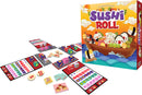 Sushi Roll game from Gamewright displayed with vibrant packaging and game components. The box features cute sushi characters on a boat. Surrounding it are colorful dice, scoreboards, and tokens related to sushi, illustrating gameplay mechanics. The game promotes a fun, family-friendly atmosphere perfect for sushi lovers.