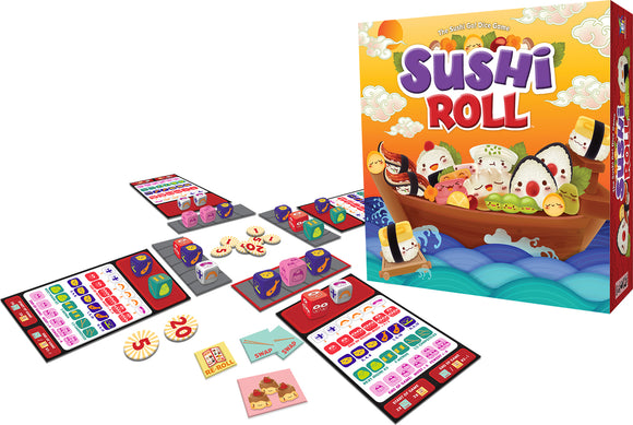 Sushi Roll game from Gamewright displayed with vibrant packaging and game components. The box features cute sushi characters on a boat. Surrounding it are colorful dice, scoreboards, and tokens related to sushi, illustrating gameplay mechanics. The game promotes a fun, family-friendly atmosphere perfect for sushi lovers.