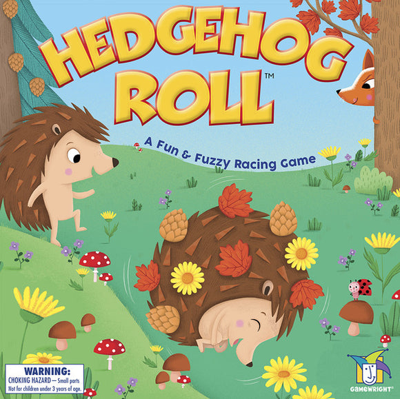 The game 'Hedgehog Roll' by Gamewright, featuring colorful illustrations of playful hedgehogs racing through a vibrant forest filled with flowers, mushrooms, and cute woodland creatures. The box design highlights the fun and fuzzy theme of the game.