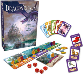 Dragonrealm game by Gamewright featuring vibrant graphics. The box showcases a mystical castle with a dragon flying above. Contents include colorful character cards representing heroes and creatures, dice, and colorful player tokens. Perfect for a fun-filled adventure of goblins and gold.