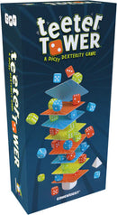 Teeter Tower by Gamewright is a colorful dice dexterity game featuring a stacked tower of vibrant game pieces and dice. The game's box displays the name 'Teeter Tower' in bold letters on a dark background, emphasizing its playful design. Ideal for family games and gatherings, it promises hours of fun as players balance dice on a wobbly tower.