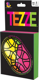 Tezze by Brainwright, a mechanical kaleidoscopic puzzle featuring a vibrant circular design. The packaging showcases a colorful arrangement of shapes in pink, yellow, and green, inviting players aged 12 and up to explore its rotating puzzle mechanics.