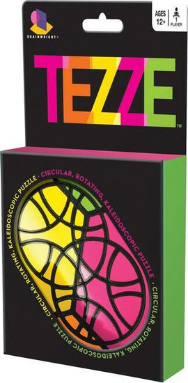 Tezze by Brainwright, a mechanical kaleidoscopic puzzle featuring a vibrant circular design. The packaging showcases a colorful arrangement of shapes in pink, yellow, and green, inviting players aged 12 and up to explore its rotating puzzle mechanics.