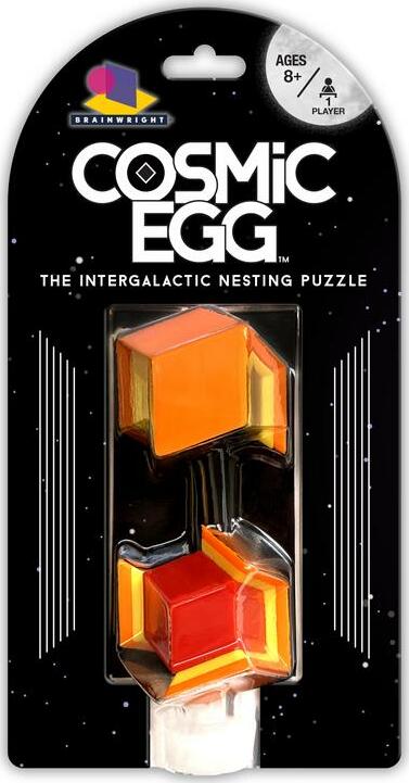 Cosmic Egg by Gamewright is a mechanical puzzle featuring colorful geometric shapes nestled together. The packaging showcases vibrant colors against a space-themed background, emphasizing its intergalactic theme. Ideal for ages 8 and up, this puzzle encourages critical thinking and problem-solving skills through hands-on engagement.