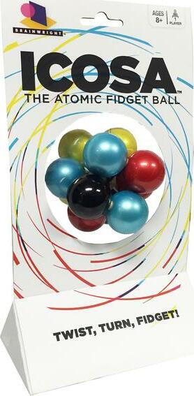 Icosa, a colorful fidget ball by Brainwright, featuring multiple vibrant spheres in blue, red, green, and black. Designed for twisting, turning, and fidgeting. Suitable for ages 8 and up.