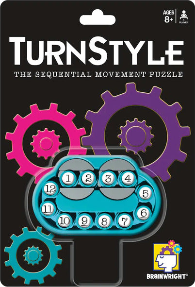 The Turnstyle mechanical puzzle by Brainwright features a colorful design with numbered buttons arranged within a unique gear system. Ideal for ages 8 and up, this sequential movement puzzle challenges players to think critically as they rearrange the buttons to complete the sequence. Perfect for enhancing problem-solving skills while providing engaging entertainment.