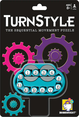 The Turnstyle mechanical puzzle by Brainwright features a colorful design with numbered buttons arranged within a unique gear system. Ideal for ages 8 and up, this sequential movement puzzle challenges players to think critically as they rearrange the buttons to complete the sequence. Perfect for enhancing problem-solving skills while providing engaging entertainment.