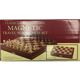 A boxed chess set featuring a magnetic travel wood chessboard. The set includes finely crafted plastic chess pieces, with a folding design for easy storage and transport. The box displays the chessboard layout and features information about the magnetic base, which ensures pieces stay in place during play, making it perfect for travel.