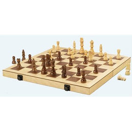 Folding chess set featuring a 16-inch board with alternating light and dark squares. The set includes intricately designed wooden pieces, with a 3-inch King, neatly arranged on the board. The board is doubled as a storage box, showcasing a practical and elegant design, perfect for chess enthusiasts.